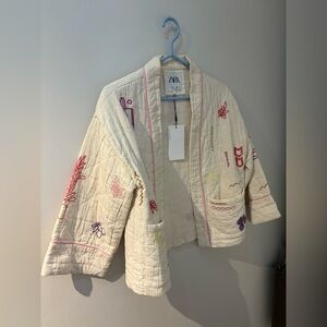 Zara Women's Cream Embroidered Quilted Jacket